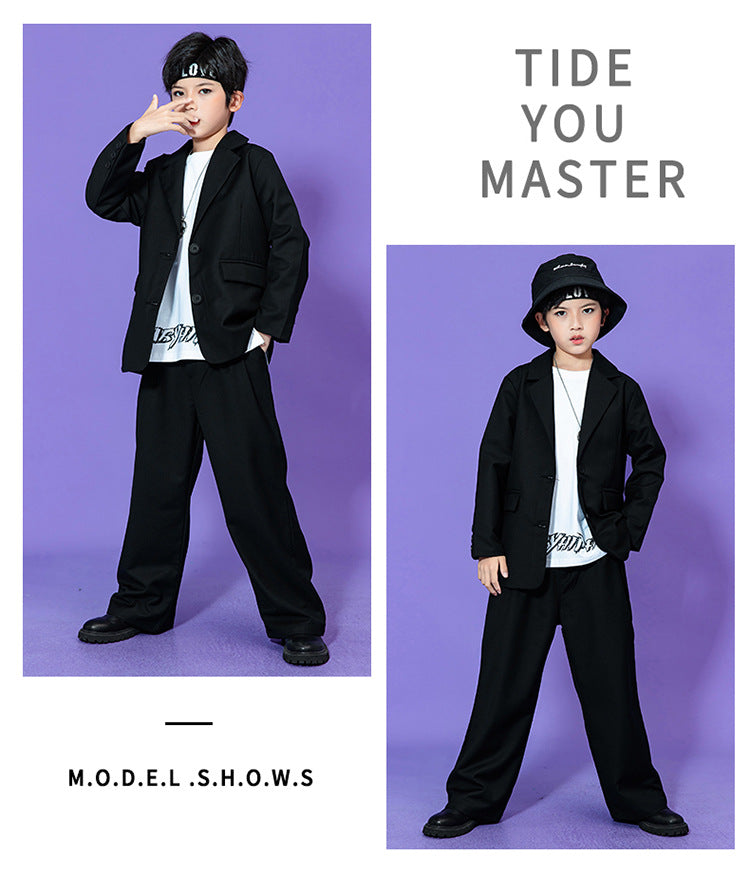 Hip Hop Boys Solid Suit Jacket Outfits Girls Loose Blazer Street Dance Pants Clothes Sets Children Streetwear Kids Jazz Costumes