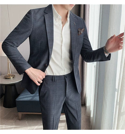 (Jacket+Pant) 2023 Latest Design Check Men Suit Groom Wedding Stage Tuxedos Best Costume Men Business Social Suits 2 Piece Set