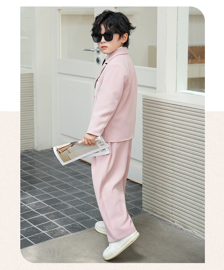 School Boys Double Breasted Blazer Suit Set with Wide Leg Pants Formal Streetwear Outfit for Kids Toddlers Wedding Birthday Part