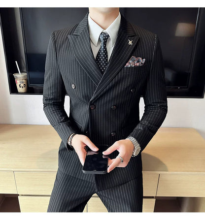 Men's Double Breasted Slim Fit Striped Suit – Formal 2 Piece Set for Business, Wedding & Smart Casual Occasions