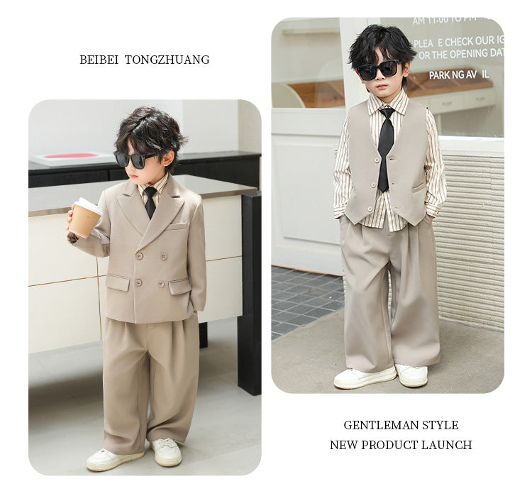 School Boys Double Breasted Blazer Suit Set with Wide Leg Pants Formal Streetwear Outfit for Kids Toddlers Wedding Birthday Part