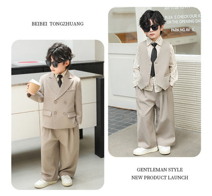 School Boys Double Breasted Blazer Suit Set with Wide Leg Pants Formal Streetwear Outfit for Kids Toddlers Wedding Birthday Part