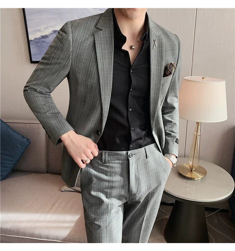 (Jacket+Pant) 2023 Latest Design Check Men Suit Groom Wedding Stage Tuxedos Best Costume Men Business Social Suits 2 Piece Set
