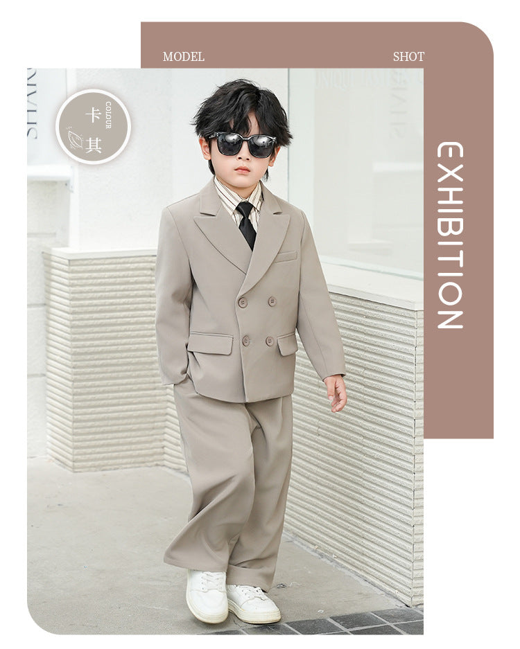 School Boys Double Breasted Blazer Suit Set with Wide Leg Pants Formal Streetwear Outfit for Kids Toddlers Wedding Birthday Part