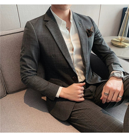 (Jacket+Pant) 2023 Latest Design Check Men Suit Groom Wedding Stage Tuxedos Best Costume Men Business Social Suits 2 Piece Set