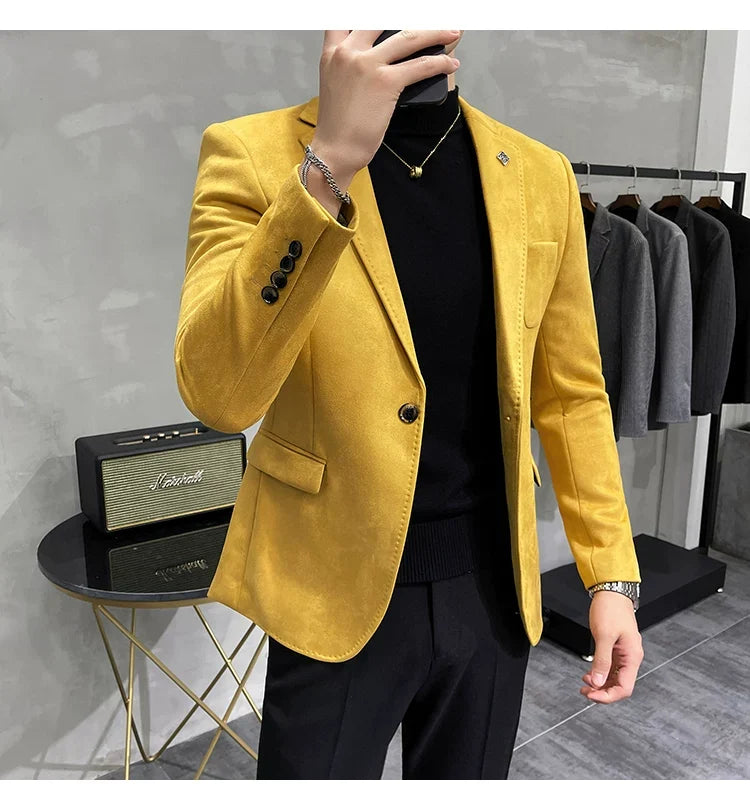 Men's Deerskin Fleece Jacket Suit Coat Blazer Men's Business Leisure Slim Fit Brand Fashion High Quality Single Button Suit Coat