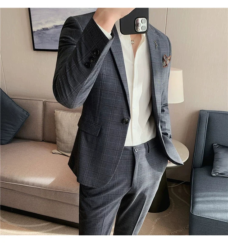 (Jacket+Pant) 2023 Latest Design Check Men Suit Groom Wedding Stage Tuxedos Best Costume Men Business Social Suits 2 Piece Set