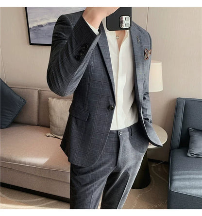 (Jacket+Pant) 2023 Latest Design Check Men Suit Groom Wedding Stage Tuxedos Best Costume Men Business Social Suits 2 Piece Set