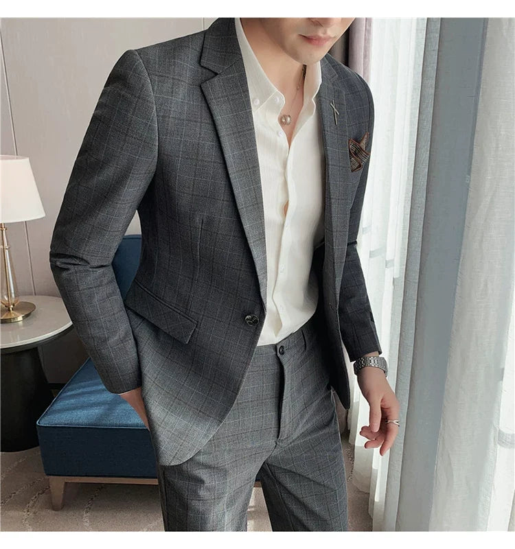 (Jacket+Pant) 2023 Latest Design Check Men Suit Groom Wedding Stage Tuxedos Best Costume Men Business Social Suits 2 Piece Set