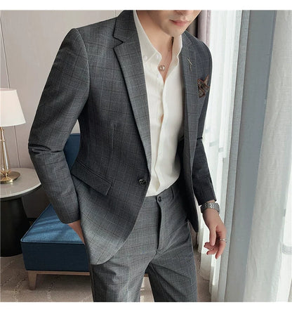 (Jacket+Pant) 2023 Latest Design Check Men Suit Groom Wedding Stage Tuxedos Best Costume Men Business Social Suits 2 Piece Set