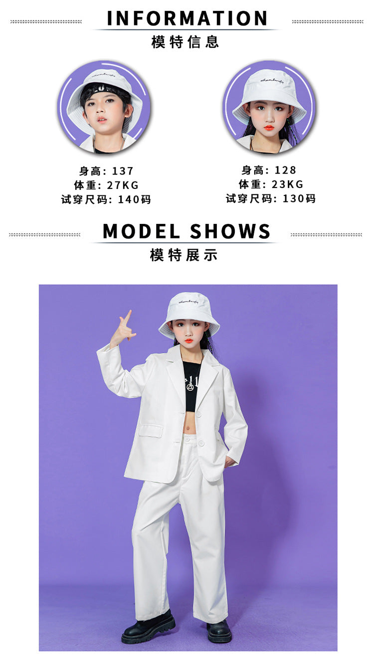 Hip Hop Boys Solid Suit Jacket Outfits Girls Loose Blazer Street Dance Pants Clothes Sets Children Streetwear Kids Jazz Costumes