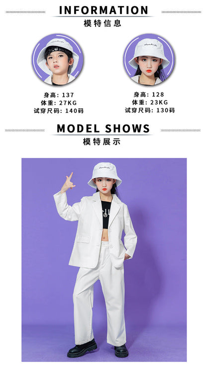 Hip Hop Boys Solid Suit Jacket Outfits Girls Loose Blazer Street Dance Pants Clothes Sets Children Streetwear Kids Jazz Costumes