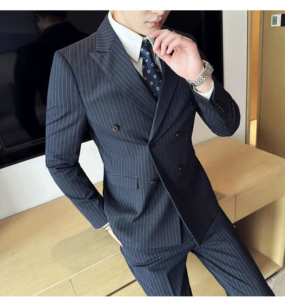 Men's Double Breasted Slim Fit Striped Suit – Formal 2 Piece Set for Business, Wedding & Smart Casual Occasions