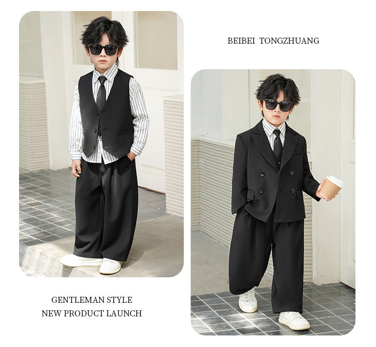 School Boys Double Breasted Blazer Suit Set with Wide Leg Pants Formal Streetwear Outfit for Kids Toddlers Wedding Birthday Part