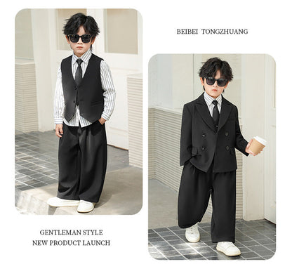 School Boys Double Breasted Blazer Suit Set with Wide Leg Pants Formal Streetwear Outfit for Kids Toddlers Wedding Birthday Part
