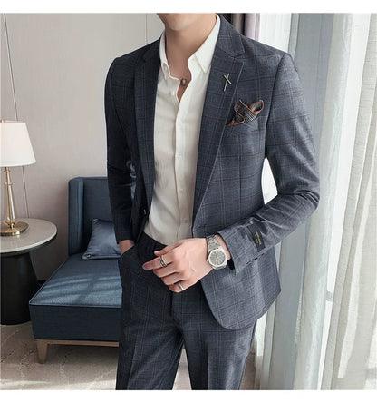 (Jacket+Pant) 2023 Latest Design Check Men Suit Groom Wedding Stage Tuxedos Best Costume Men Business Social Suits 2 Piece Set