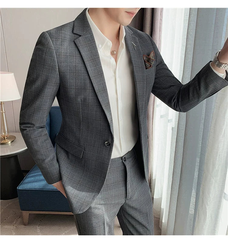 (Jacket+Pant) 2023 Latest Design Check Men Suit Groom Wedding Stage Tuxedos Best Costume Men Business Social Suits 2 Piece Set