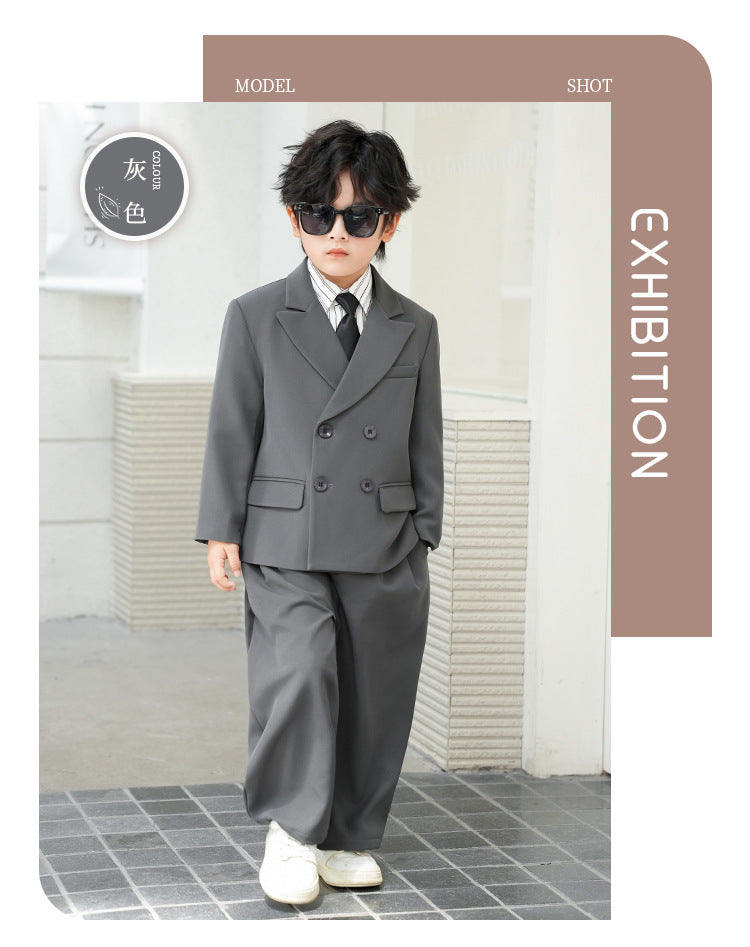 School Boys Double Breasted Blazer Suit Set with Wide Leg Pants Formal Streetwear Outfit for Kids Toddlers Wedding Birthday Part