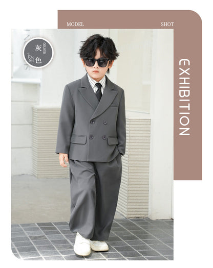 School Boys Double Breasted Blazer Suit Set with Wide Leg Pants Formal Streetwear Outfit for Kids Toddlers Wedding Birthday Part