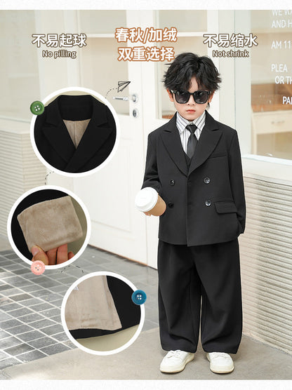 School Boys Double Breasted Blazer Suit Set with Wide Leg Pants Formal Streetwear Outfit for Kids Toddlers Wedding Birthday Part