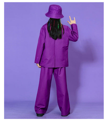 Hip Hop Boys Solid Suit Jacket Outfits Girls Loose Blazer Street Dance Pants Clothes Sets Children Streetwear Kids Jazz Costumes