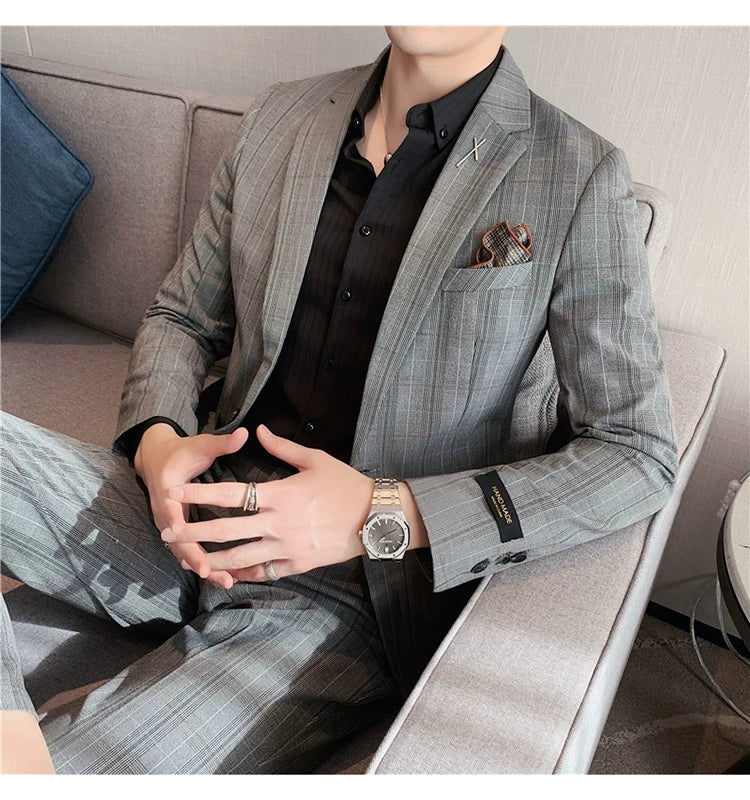 (Jacket+Pant) 2023 Latest Design Check Men Suit Groom Wedding Stage Tuxedos Best Costume Men Business Social Suits 2 Piece Set
