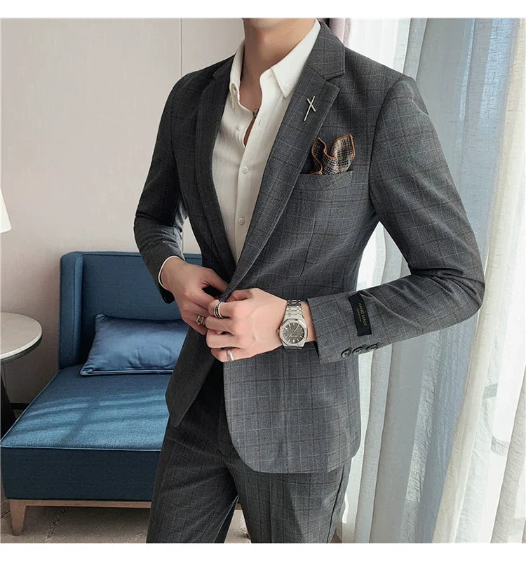 (Jacket+Pant) 2023 Latest Design Check Men Suit Groom Wedding Stage Tuxedos Best Costume Men Business Social Suits 2 Piece Set