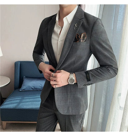 (Jacket+Pant) 2023 Latest Design Check Men Suit Groom Wedding Stage Tuxedos Best Costume Men Business Social Suits 2 Piece Set