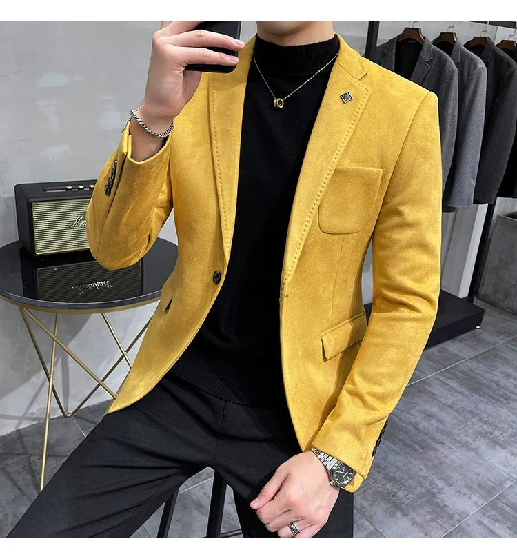 Men's Deerskin Fleece Jacket Suit Coat Blazer Men's Business Leisure Slim Fit Brand Fashion High Quality Single Button Suit Coat
