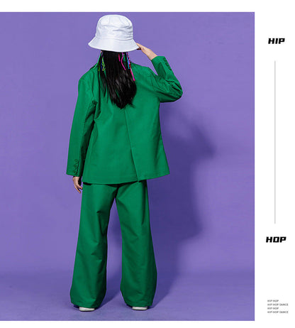Hip Hop Boys Solid Suit Jacket Outfits Girls Loose Blazer Street Dance Pants Clothes Sets Children Streetwear Kids Jazz Costumes