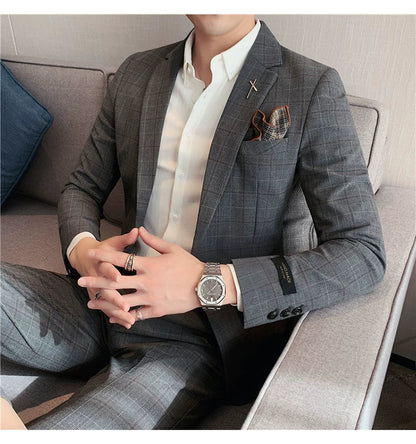 (Jacket+Pant) 2023 Latest Design Check Men Suit Groom Wedding Stage Tuxedos Best Costume Men Business Social Suits 2 Piece Set