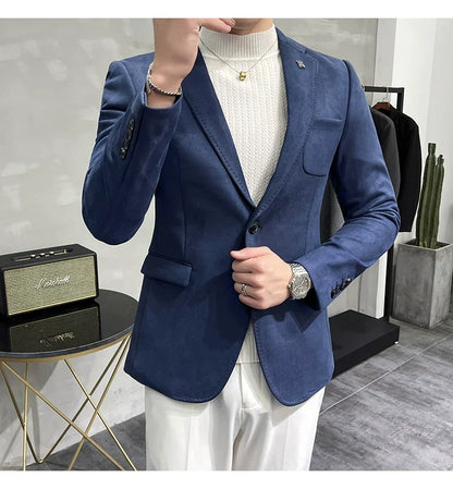 Men's Deerskin Fleece Jacket Suit Coat Blazer Men's Business Leisure Slim Fit Brand Fashion High Quality Single Button Suit Coat