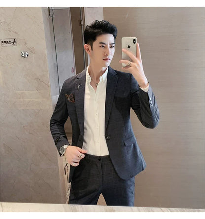 (Jacket+Pant) 2023 Latest Design Check Men Suit Groom Wedding Stage Tuxedos Best Costume Men Business Social Suits 2 Piece Set