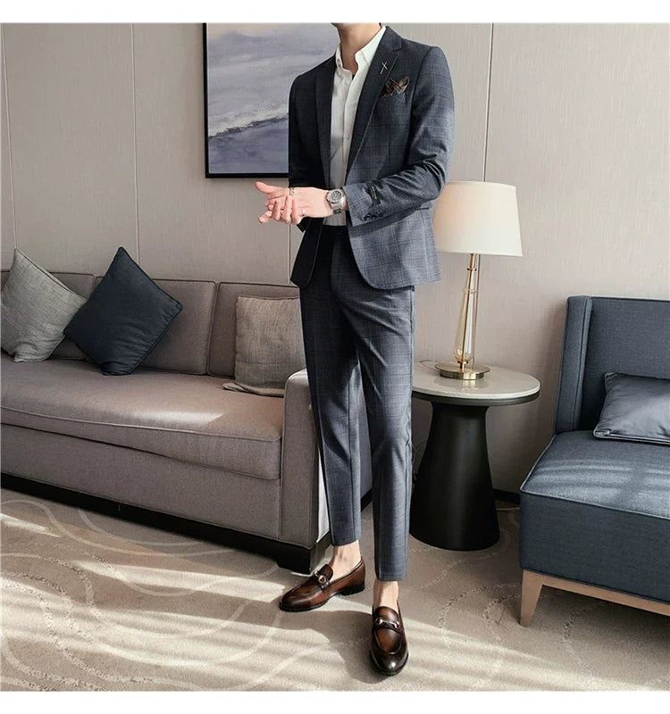 (Jacket+Pant) 2023 Latest Design Check Men Suit Groom Wedding Stage Tuxedos Best Costume Men Business Social Suits 2 Piece Set