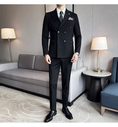 Men's Double Breasted Slim Fit Striped Suit – Formal 2 Piece Set for Business, Wedding & Smart Casual Occasions