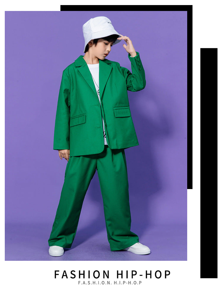 Hip Hop Boys Solid Suit Jacket Outfits Girls Loose Blazer Street Dance Pants Clothes Sets Children Streetwear Kids Jazz Costumes