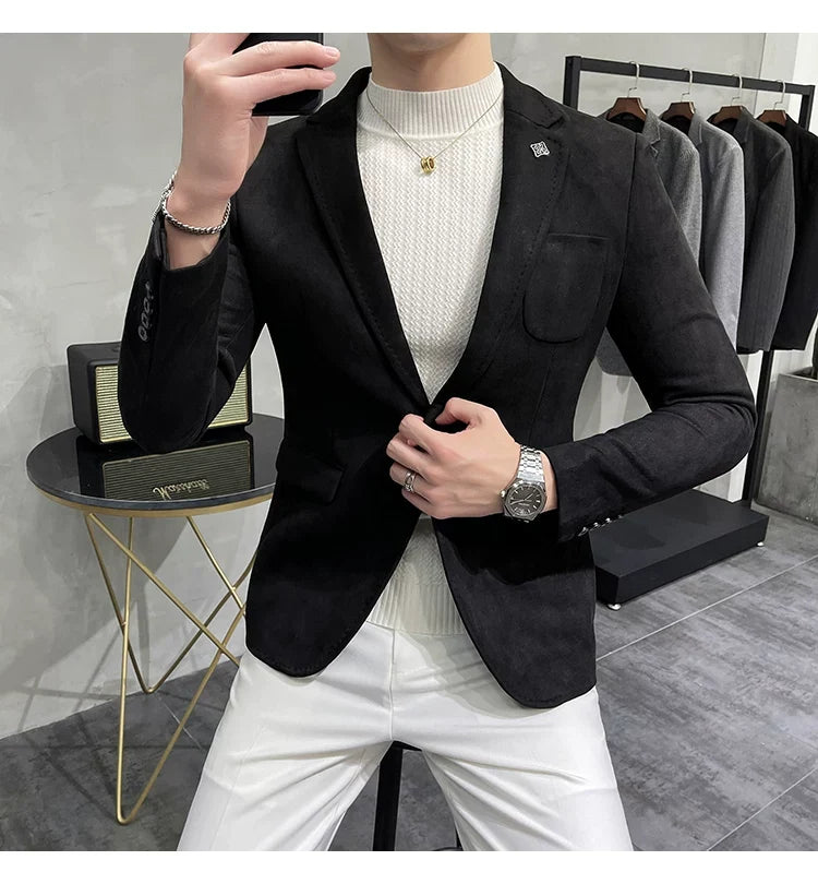 Men's Deerskin Fleece Jacket Suit Coat Blazer Men's Business Leisure Slim Fit Brand Fashion High Quality Single Button Suit Coat