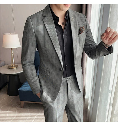 (Jacket+Pant) 2023 Latest Design Check Men Suit Groom Wedding Stage Tuxedos Best Costume Men Business Social Suits 2 Piece Set