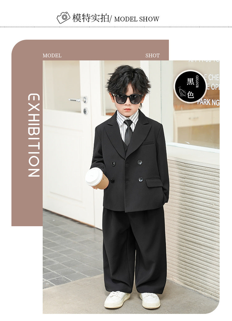School Boys Double Breasted Blazer Suit Set with Wide Leg Pants Formal Streetwear Outfit for Kids Toddlers Wedding Birthday Part