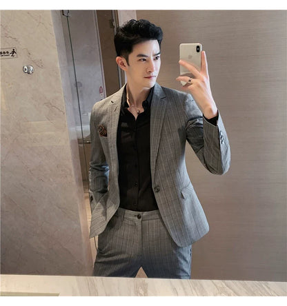 (Jacket+Pant) 2023 Latest Design Check Men Suit Groom Wedding Stage Tuxedos Best Costume Men Business Social Suits 2 Piece Set