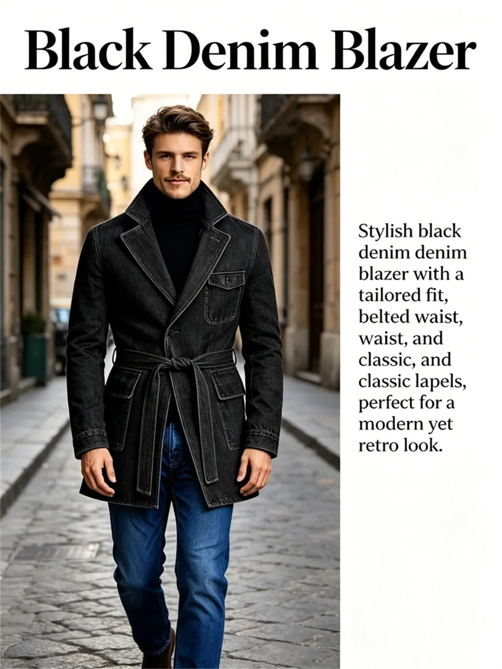Men's Vintage Mid Length Belted Denim Trench Coat Notched Lapel Casual Workwear Outerwear Stylish Daily Streetwear Jacket