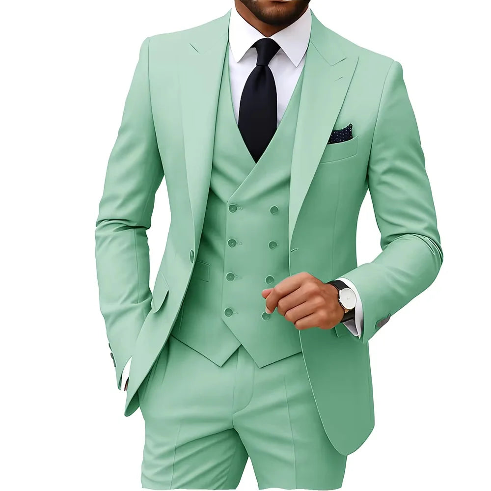 Solid Color Fashion Men Formal Business Suits Wedding Suit Slim Fit Groom Tuxedos 3 Pcs Set Dress Peak Lapel Blazer Vest Pants