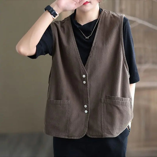 Women's Vintage Casual Vest Solid Color V-Neck Button Up Sleeveless Waistcoat with Pockets