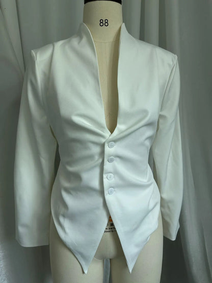 Women Blazer White Slim Fit Blazer Jacket Long Sleeve Deep V Neck Button Front Asymmetrical Hem Office Casual Elegant Jacket
