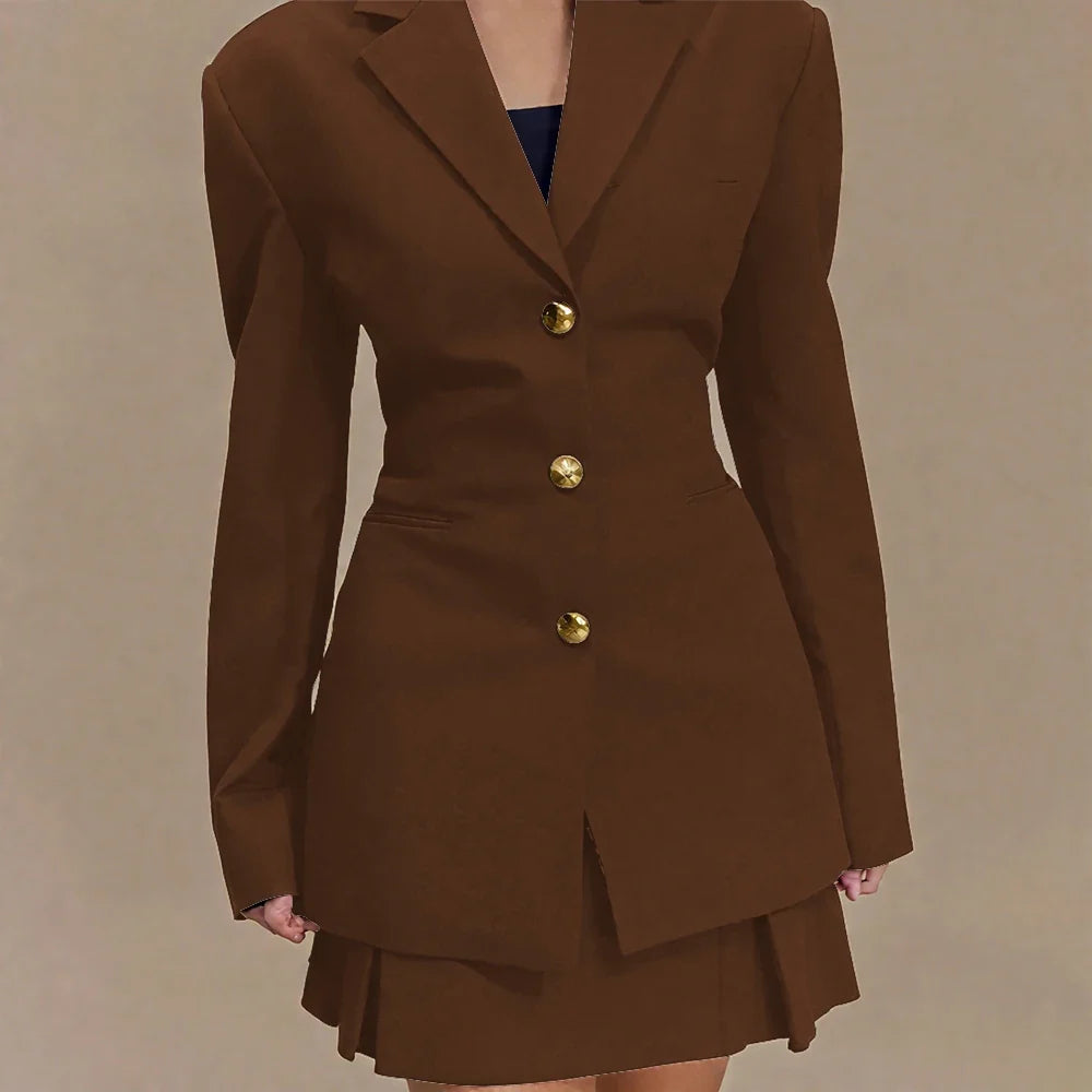 Women's Pleated Skirt Suit Set 2025 2Pieces(Tailored Blazer&High Waist Skirt) Office Chic Single-breasted Notch Lapel Outfit