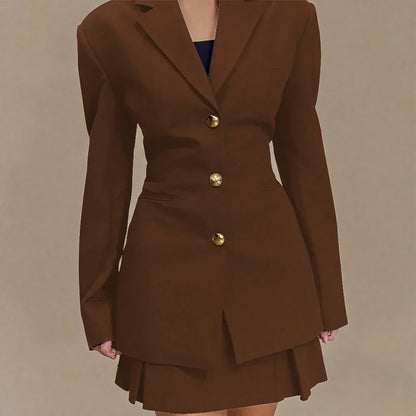 Women's Pleated Skirt Suit Set 2025 2Pieces(Tailored Blazer&High Waist Skirt) Office Chic Single-breasted Notch Lapel Outfit