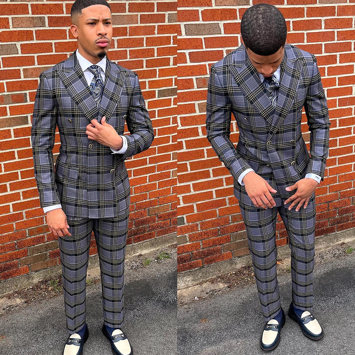 New Men's Suit 2 Pieces Blazer Pants Double Breasted Peaked Lapel Plaid Formal Stripes Wedding Groom Tailored Costume Homme