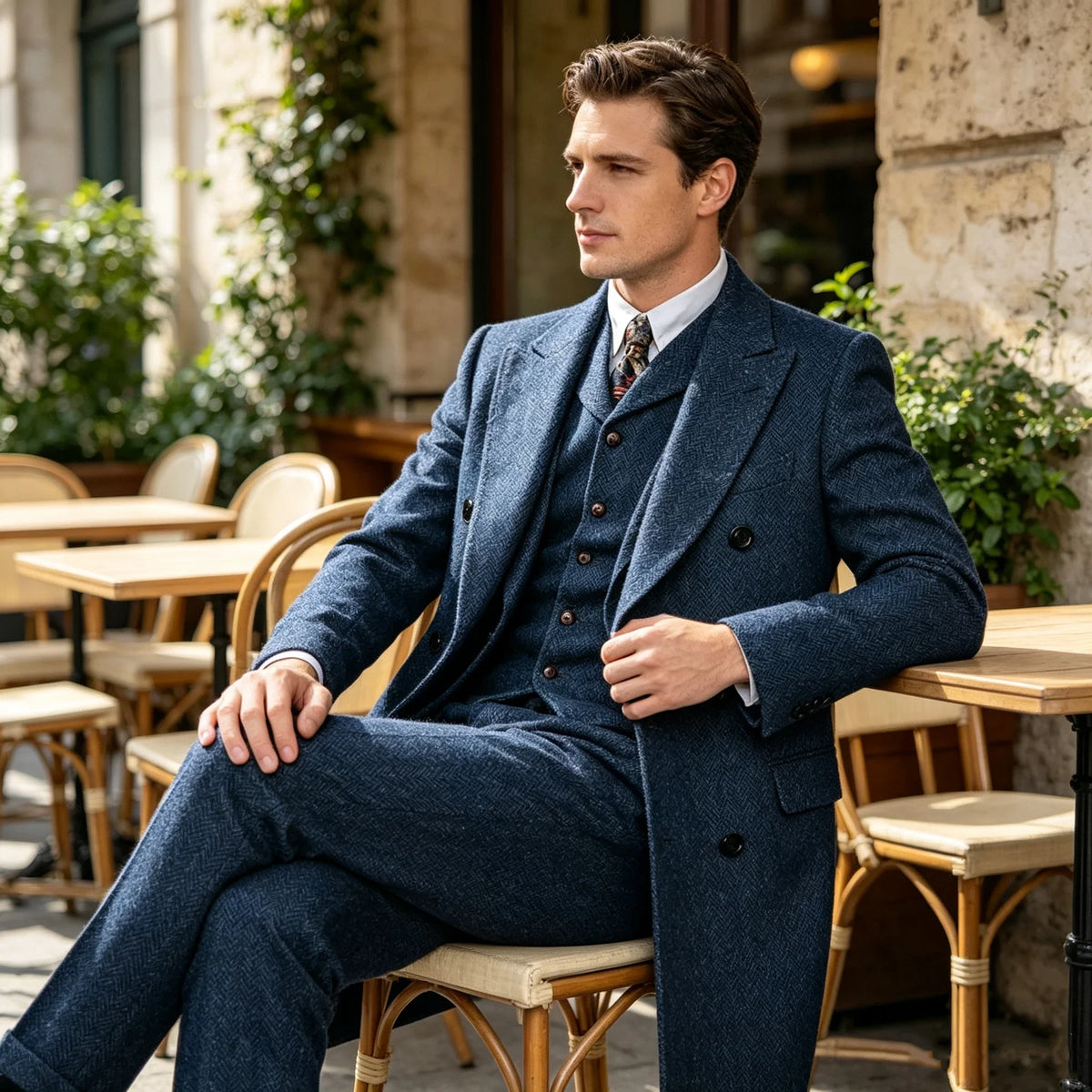 Men Vintage Herringbone Tweed 3 Piece Suit Double Breasted Overcoat Vest Pants Wedding Busines British Style Wool Blend Suit Set