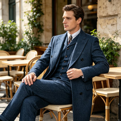 Men Vintage Herringbone Tweed 3 Piece Suit Double Breasted Overcoat Vest Pants Wedding Busines British Style Wool Blend Suit Set