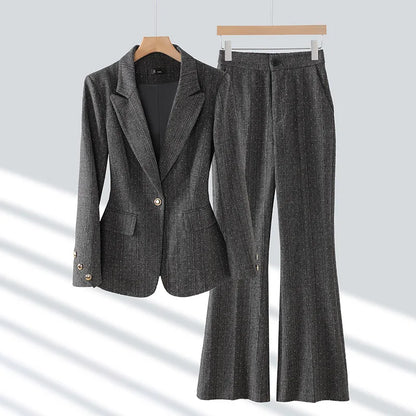 Fashion Women Suits 2024 New Autumn Winter Temprament Business Formal Slim Blazer And Flare Pants Office Ladies Work Wear